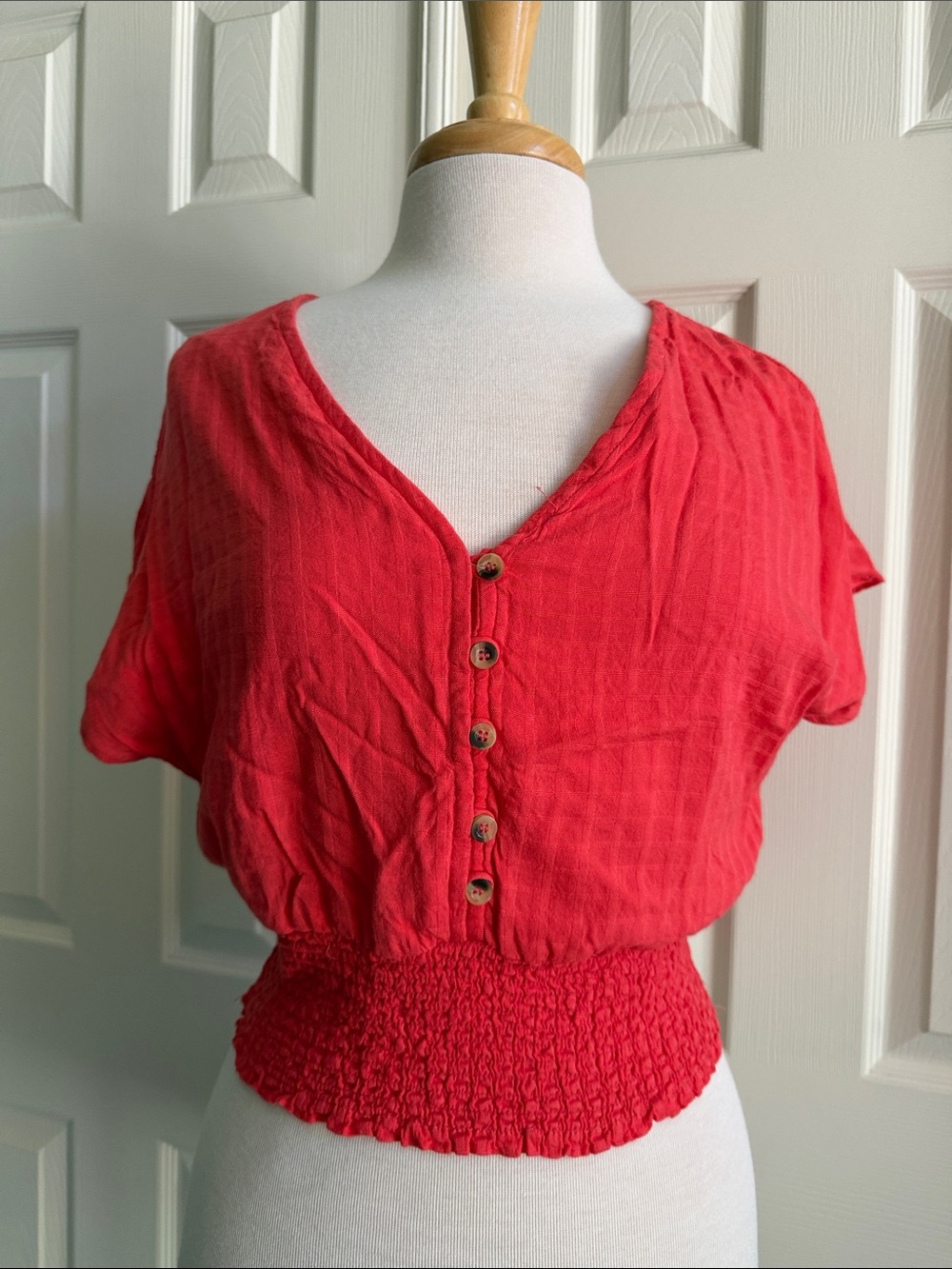 Fun & Flirt Coral-Red Button Front Smocked Crop Top